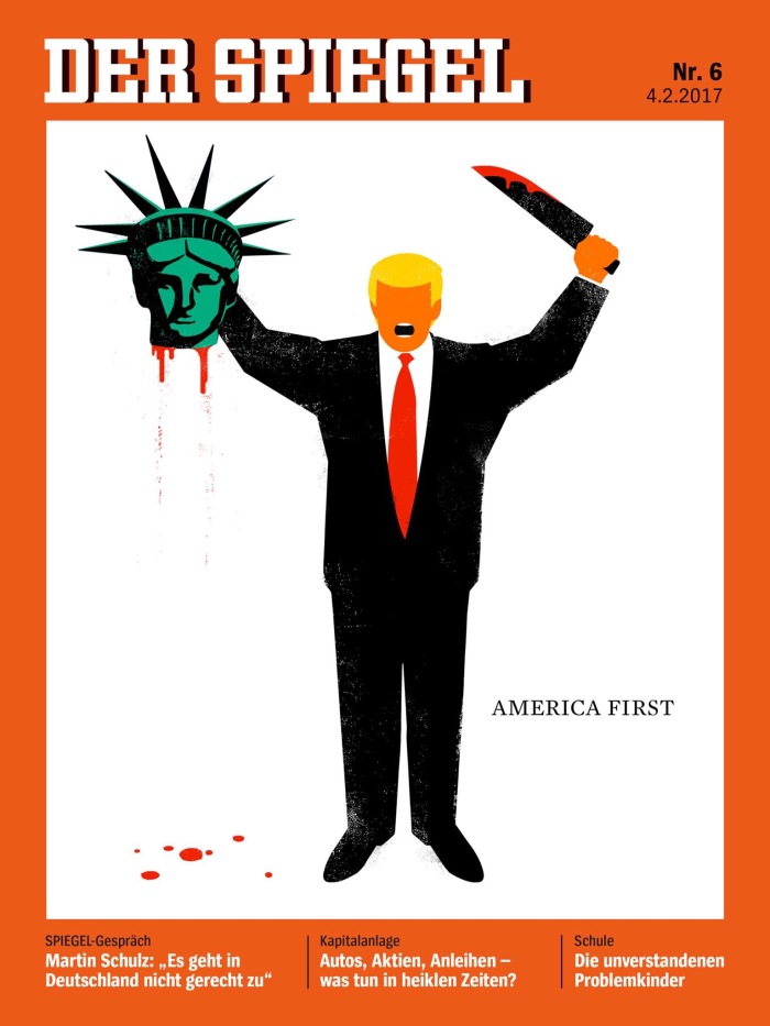 Spiegel magazine cover showing Trump with bloody knife in one hand and severed head of Lady Liberty in the other.
